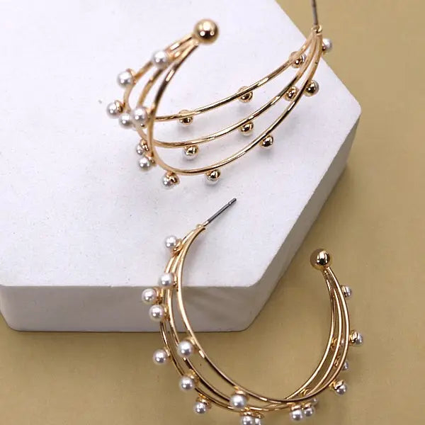 Triple Row Pearl Hoops