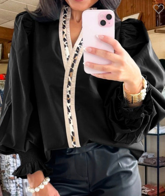 Black Long Sleeve Leopard Blouse