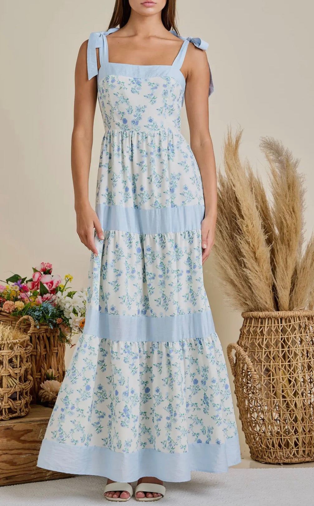 Blue Floral Maxi Shoulder Tie Dress