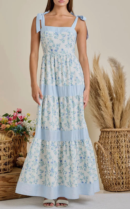 Blue Floral Maxi Shoulder Tie Dress