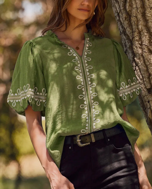 Olive Embroidered Bubble Sleeve Blouse