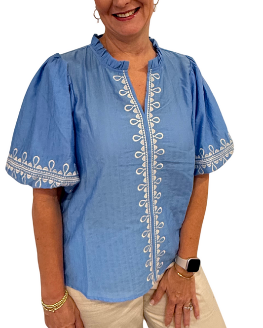 Blue Embroidered Bubble Sleeve Blouse