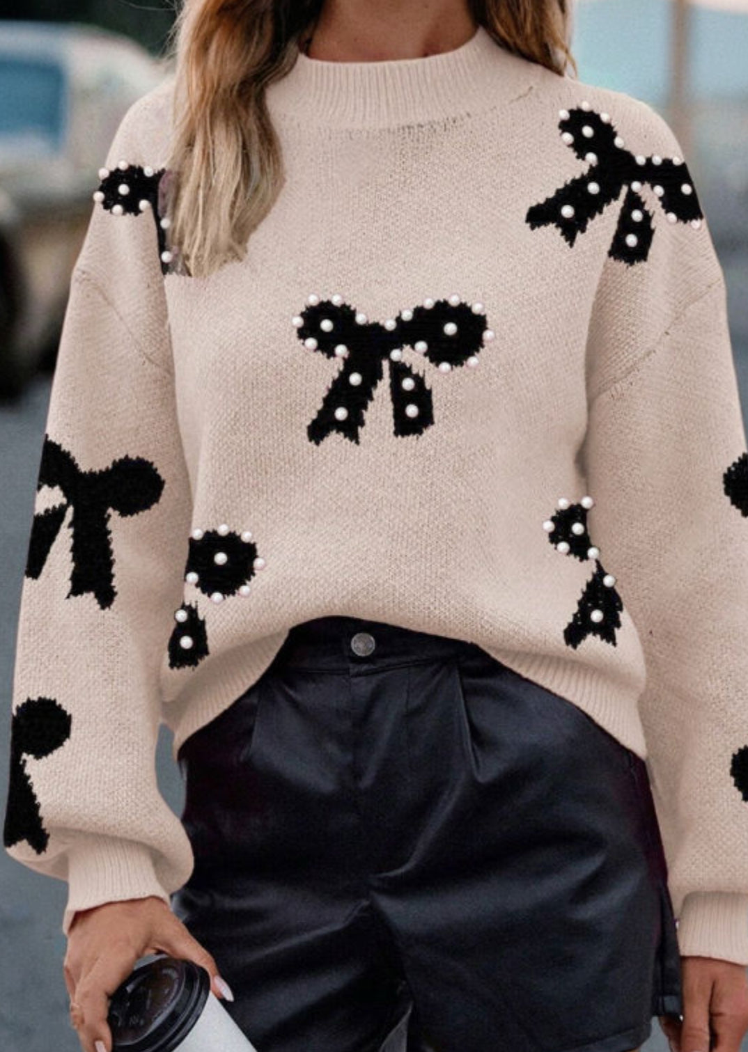 Pearl Embellished Bow Sweater