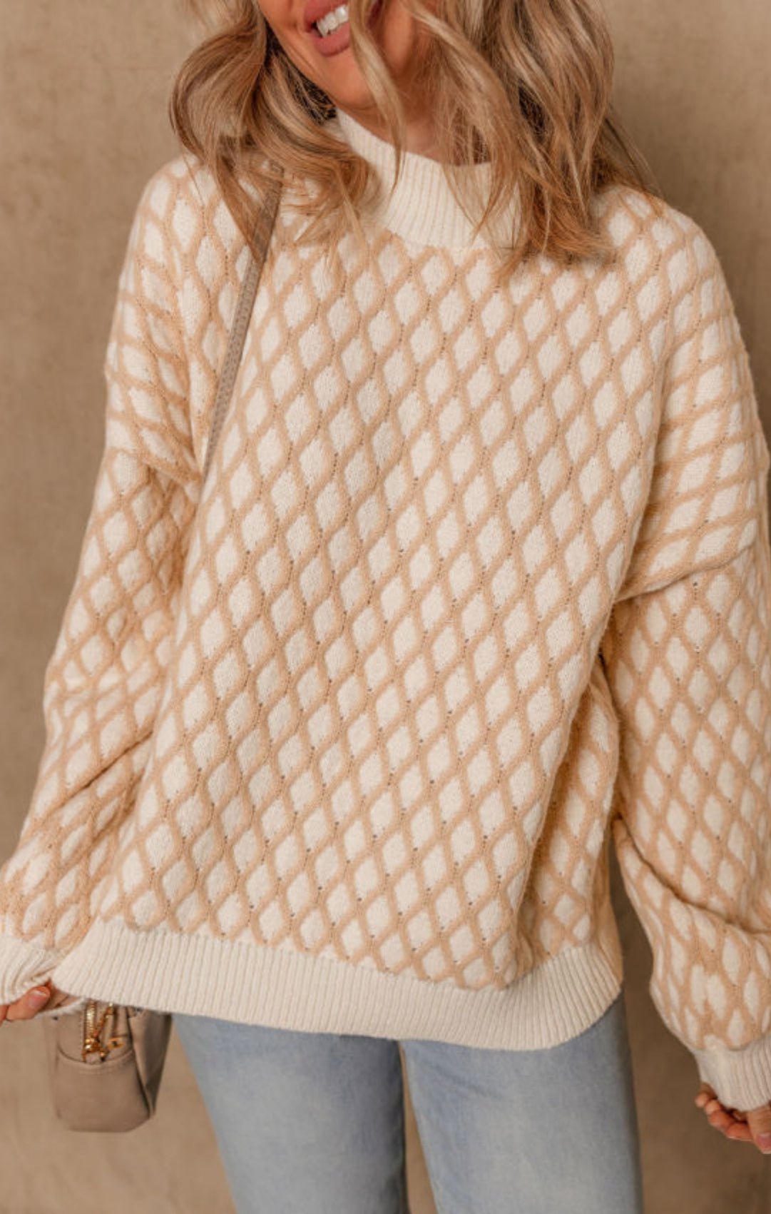 Beige Rhombus Textured Knit Sweater