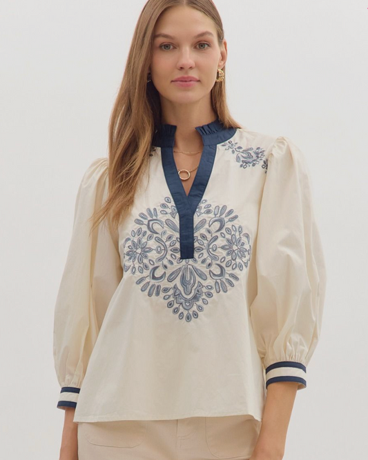 Navy and Cream Detailed Puff Sleeve