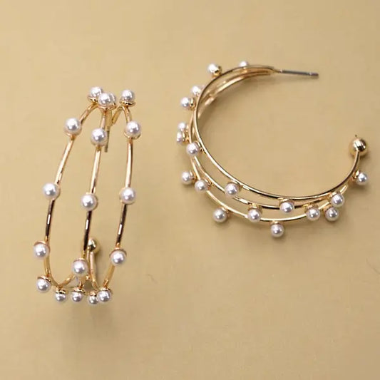 Triple Row Pearl Hoops